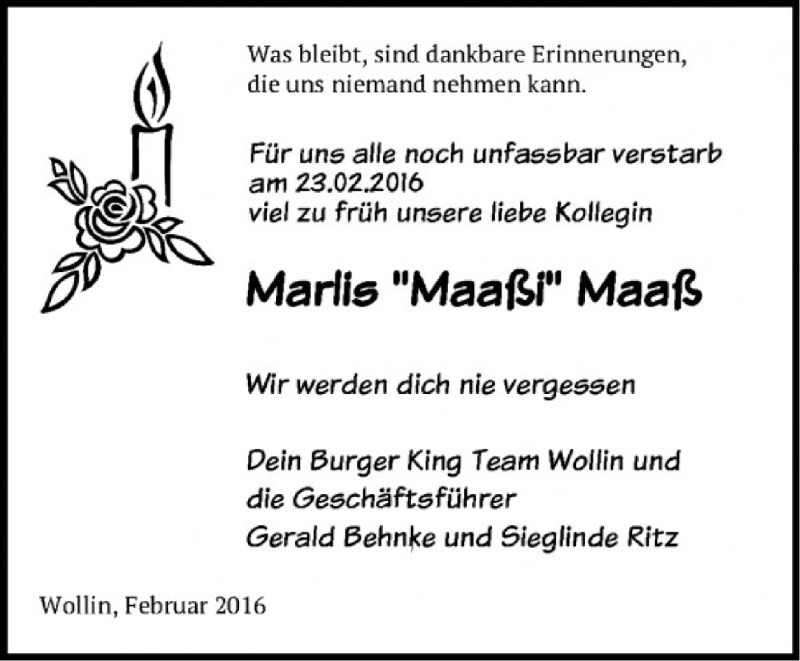  Traueranzeige für Marlis Maaß vom 06.03.2016 aus Märkische Oderzeitung