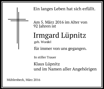 Traueranzeige von Irmgard Lüpnitz von Märkische Oderzeitung