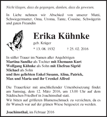 Traueranzeige von Erika Kühnke von Märkische Oderzeitung