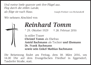 Traueranzeige von Reinhard Tomm von Märkische Oderzeitung