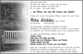 Traueranzeige von Rita Eichler von Märkische Oderzeitung