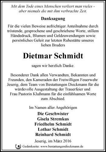 Traueranzeige von Dietmar Schmidt von Märkische Oderzeitung