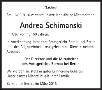 Traueranzeige von Andrea Schimanski von Märkische Oderzeitung