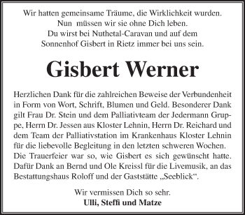 Traueranzeige von Gisbert Werner von Märkische Oderzeitung