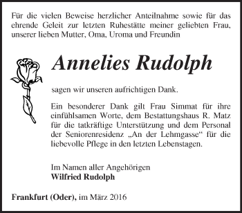 Traueranzeige von Annelies Rudolph von Märkische Oderzeitung
