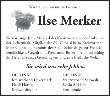 Traueranzeige von Ilse Merker von Märkische Oderzeitung
