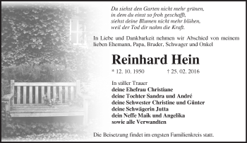 Traueranzeige von Reinhard Hein von Märkische Oderzeitung