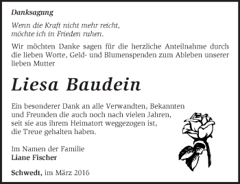 Traueranzeige von Liesa Baudein von Märkische Oderzeitung