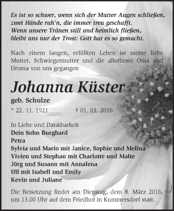 Traueranzeige von Johanna Küster von Märkische Oderzeitung