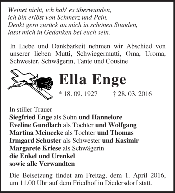 Traueranzeige von Ella Enge von Märkische Oderzeitung