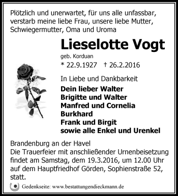 Traueranzeige von Lieselotte Vogt von Märkische Oderzeitung