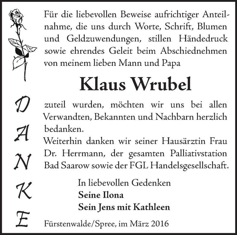  Traueranzeige für Klaus Wrubel vom 12.03.2016 aus Märkische Oderzeitung