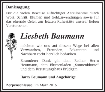 Traueranzeige von Liesbeth Baumann von Märkische Oderzeitung