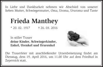 Traueranzeige von Frieda Manthey von Märkische Oderzeitung