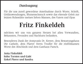 Traueranzeige von Fritz Finkeldeh von Märkische Oderzeitung