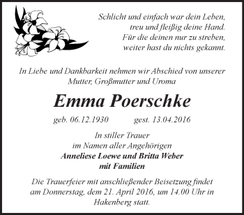 Traueranzeige von Emma Poerschke von Märkische Oderzeitung