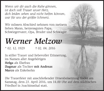 Traueranzeige von Werner Melzow von Märkische Oderzeitung