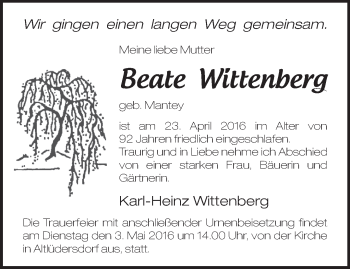 Traueranzeige von Beate Wittenberg von Märkische Oderzeitung