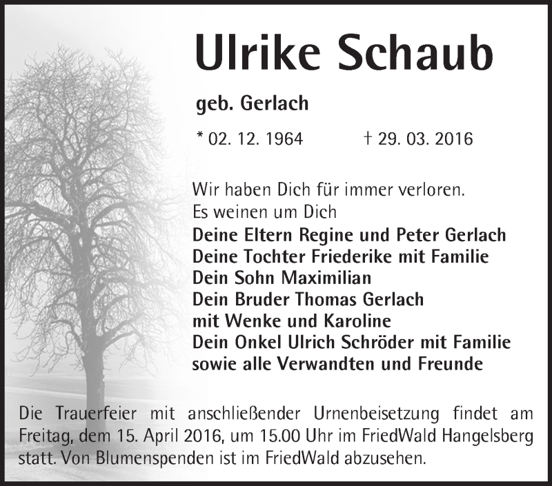  Traueranzeige für Ulrike Schaub vom 09.04.2016 aus Märkische Oderzeitung