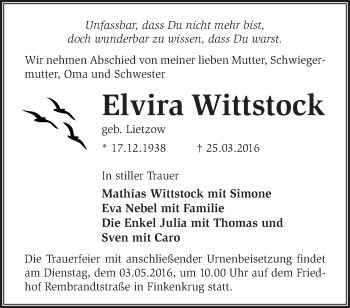 Traueranzeige von Elvira Wittstock von Märkische Oderzeitung