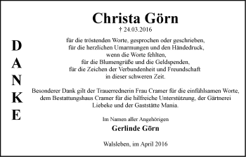 Traueranzeige von Christa Görn von Märkische Oderzeitung