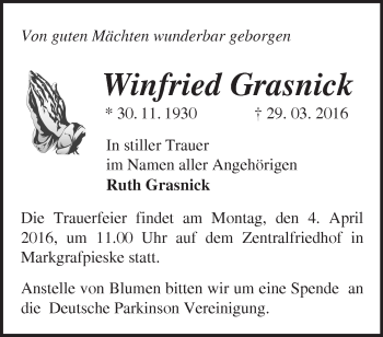 Traueranzeige von Winfried Grasnick von Märkische Oderzeitung