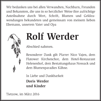 Traueranzeige von Rolf Werder von Märkische Oderzeitung