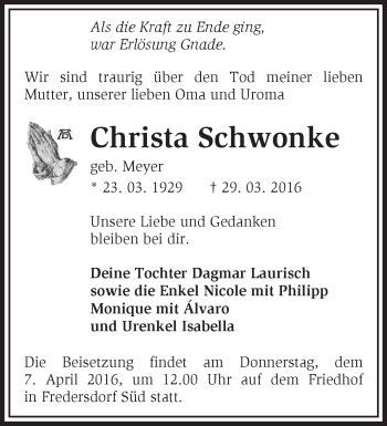 Traueranzeige von Christa Schwonke von Märkische Oderzeitung