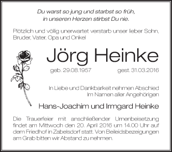 Traueranzeige von Jörg Heinke von Märkische Oderzeitung