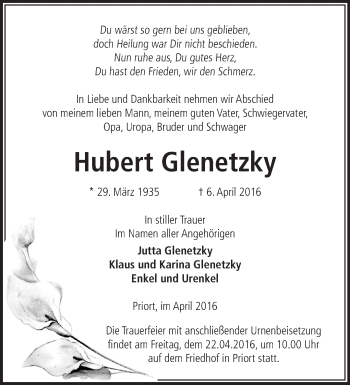 Traueranzeige von Hubert Glenetzky von Märkische Oderzeitung