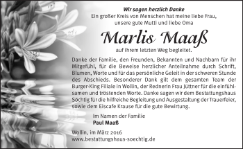 Traueranzeige von Marlis Maaß von Märkische Oderzeitung