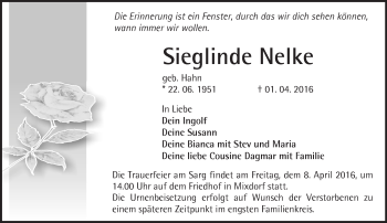 Traueranzeige von Sieglinde Nelke von Märkische Oderzeitung