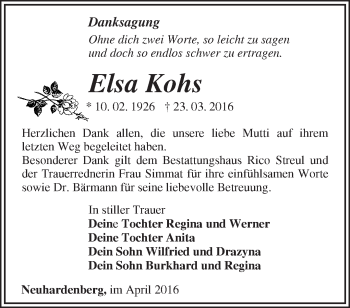 Traueranzeige von Elsa Kohs von Märkische Oderzeitung