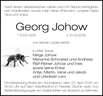 Traueranzeige von Georg Johow von Märkische Oderzeitung