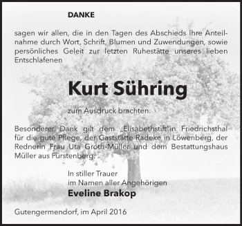 Traueranzeige von Kurt Sühring von Märkische Oderzeitung