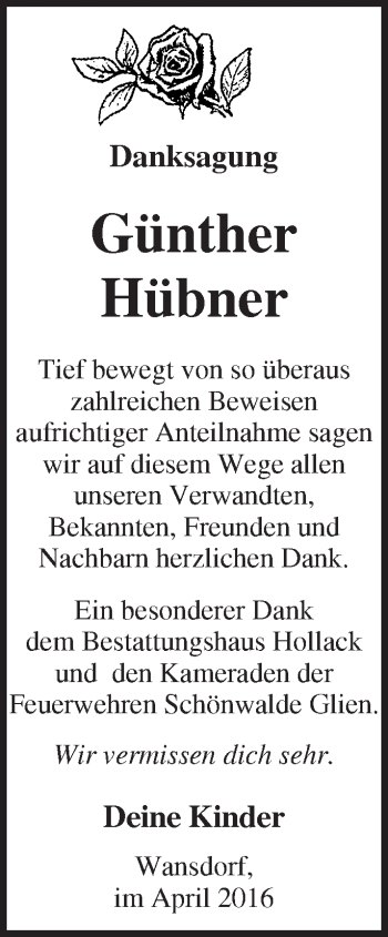 Traueranzeige von Günther Hübner von Märkische Oderzeitung