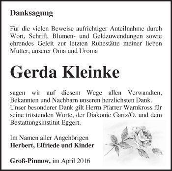 Traueranzeige von Gerda Kleinke von Märkische Oderzeitung