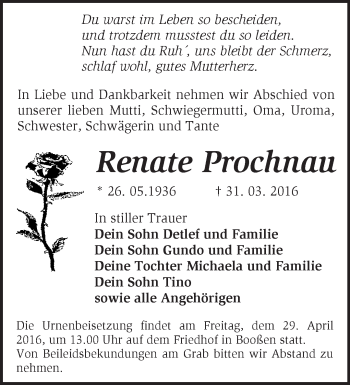 Traueranzeige von Renate Prochnau von Märkische Oderzeitung