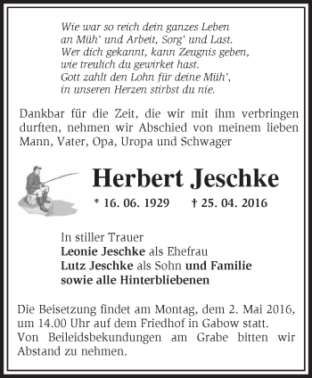 Traueranzeige von Herbert Jeschke von Märkische Oderzeitung