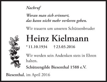 Traueranzeige von Heinz Kielmann von Märkische Oderzeitung