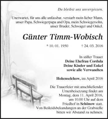 Traueranzeige von Günter Timm-Wobisch von Märkische Oderzeitung