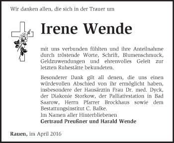 Traueranzeige von Irene Wende von Märkische Oderzeitung