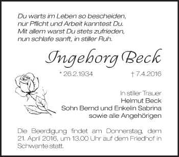 Traueranzeige von Ingeborg Beck von Märkische Oderzeitung