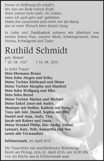 Traueranzeige von Ruthild Schmidt von Märkische Oderzeitung