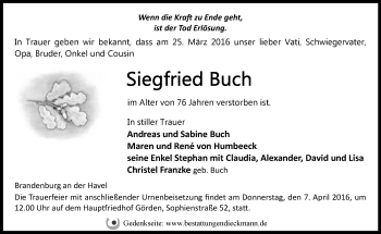 Traueranzeige von Siegfried Buch von Märkische Oderzeitung