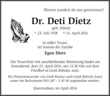 Traueranzeige von Deti Dietz von Märkische Oderzeitung