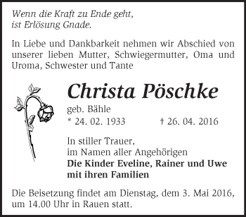 Traueranzeige von Christa Pöschke von Märkische Oderzeitung