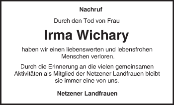 Traueranzeige von Irma Wichary von Märkische Oderzeitung