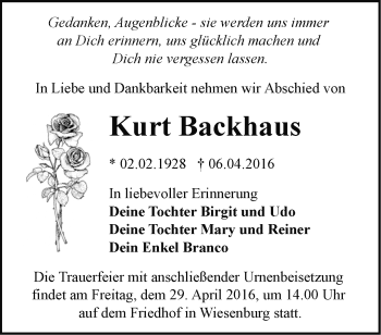 Traueranzeige von Kurt Backhaus von Märkische Oderzeitung