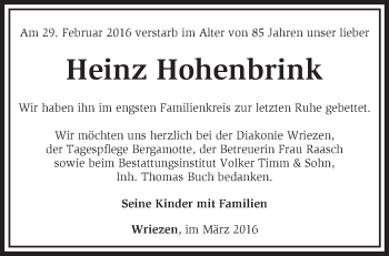 Traueranzeige von Heinz Hohenbrink von Märkische Oderzeitung